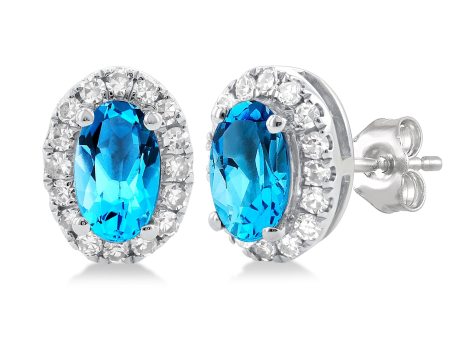 10Kt White Gold Oval Halo Stud Earrings with 5x3mm Blue Topaz, 32.13cttw Natural Diamonds (Color I-J, Clarity I1), and Locking Friction Backs Fashion