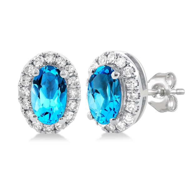 10Kt White Gold Oval Halo Stud Earrings with 5x3mm Blue Topaz, 32.13cttw Natural Diamonds (Color I-J, Clarity I1), and Locking Friction Backs Fashion