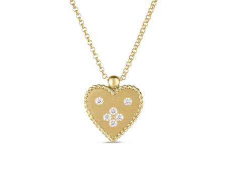 Roberto Coin 18Kt Yellow Gold Venetian Princess 0.08cttw Round Natural Diamond Heart Pendant For Sale