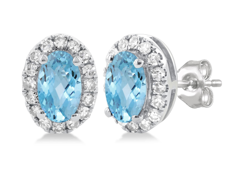 10Kt White Gold Oval Halo Stud Earrings with 5x3mm Aquamarines, 32.13cttw Natural Diamonds (Color I-J, Clarity I1), and Locking Friction Backs Online