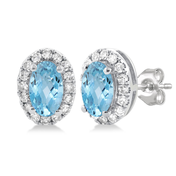 10Kt White Gold Oval Halo Stud Earrings with 5x3mm Aquamarines, 32.13cttw Natural Diamonds (Color I-J, Clarity I1), and Locking Friction Backs Online