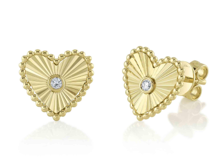 Shy Creation 14Kt Yellow Gold Sunburst Heart Stud Earrings with Natural Diamonds Fashion