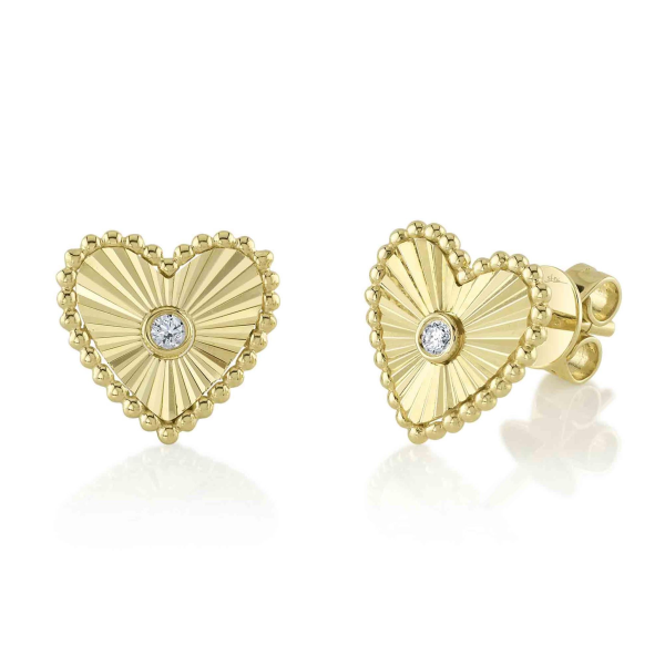 Shy Creation 14Kt Yellow Gold Sunburst Heart Stud Earrings with Natural Diamonds Fashion