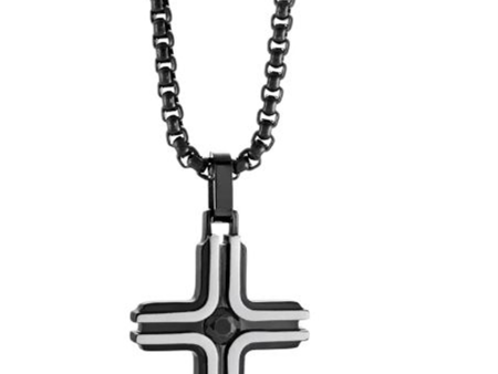 Black IP Stainless Steel Cross with Black Cubic Zirconia on 22  Chain Online Sale