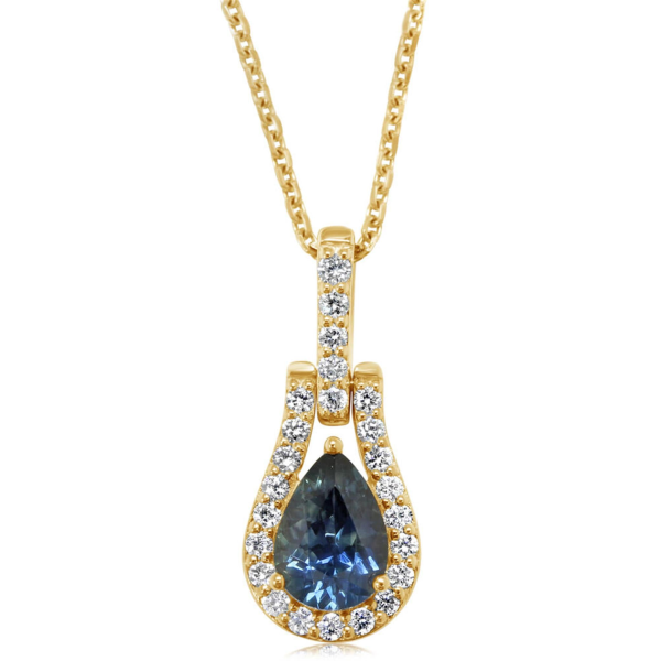 14Kt Yellow Gold Halo Pendant with .95ct  Montana Sapphire (7x5mm) and 24.18cttw Natural Diamonds (Color G-H, Clarity SI1) -Chain Sold Separately Online Sale