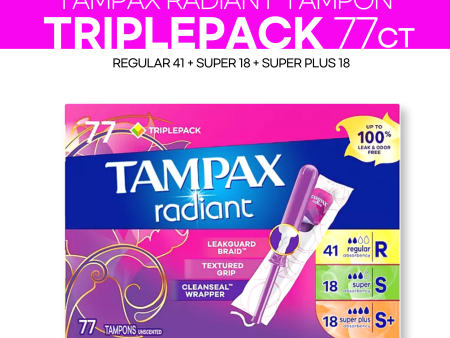 Tampax Radiant Trio Pack 77ct (Regular 41ct+Super 18ct+Super Plus 18ct) Online now