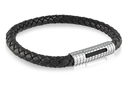 Italgem Stainless Steel Black Leather Bracelet with Push Clasp Online now