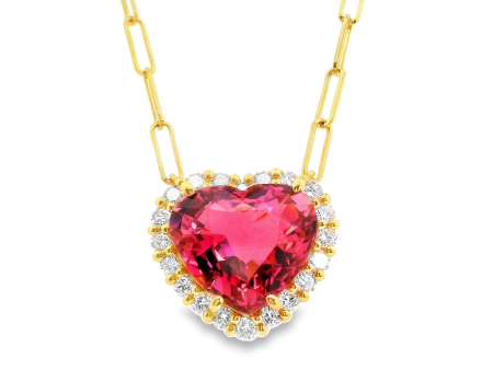 18Kt Yellow Gold Halo Pendant with Heart Shaped Pink Tourmaline & Natural Diamonds Sale