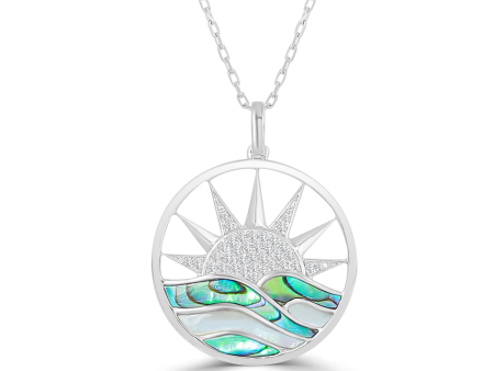 Frederic Sage 14Kt White Gold Medium Diamond Sunrise, Abalone, & White Mother Of Pearl Waves Pendant For Sale